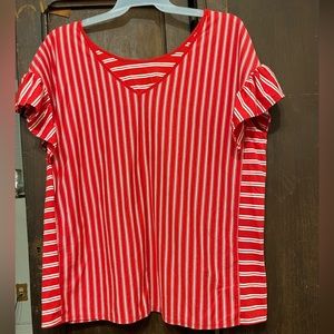 Red and white striped blouse with ruffle arms made by Terra&Sky size 1x
